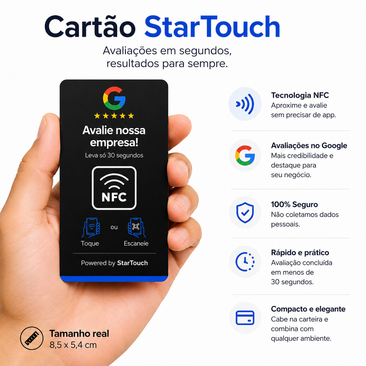 Cartão NFC — tamanho 8,5 x 5,4 cm e especificações