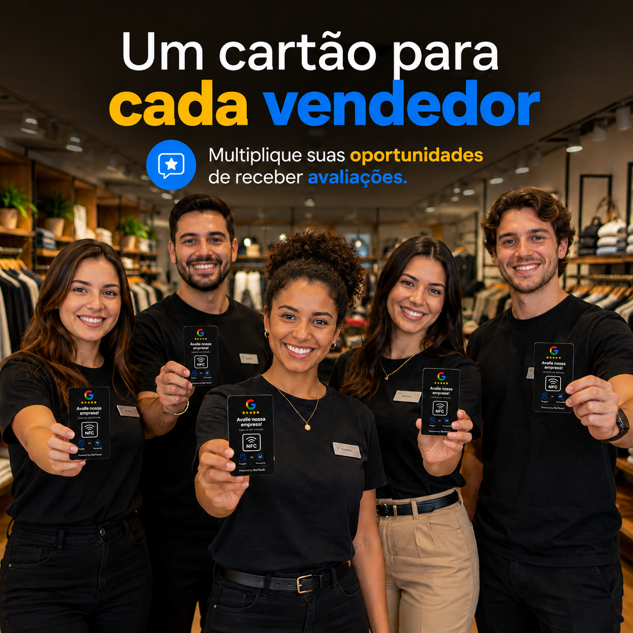 Equipe de loja com um cartão NFC cada