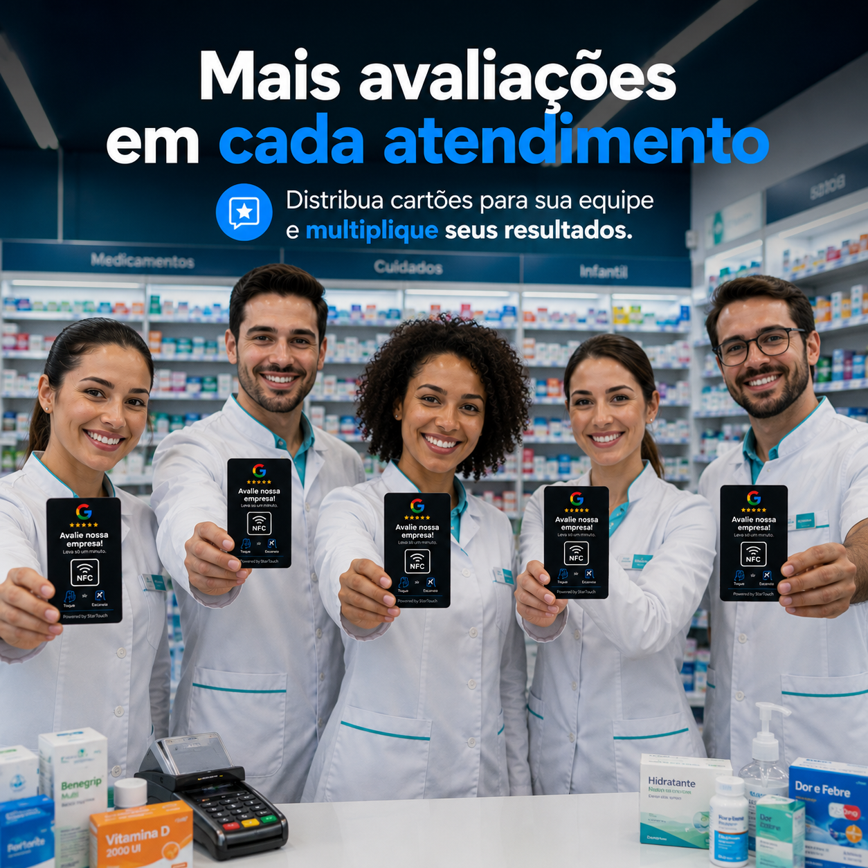 Equipe de farmácia com cartão NFC