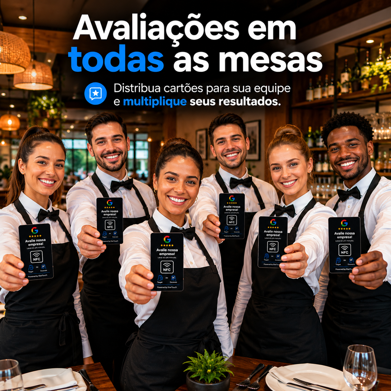 Equipe de restaurante com cartão NFC nas mesas