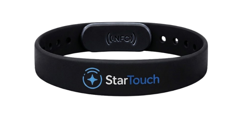 Pulseira NFC StarTouch — silicone preto com display da estrela StarTouch e ondas NFC