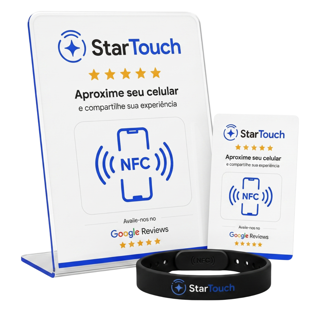 Placa NFC StarTouch — Aproxime seu celular e compartilhe sua experiência. Avalie no Google Reviews.