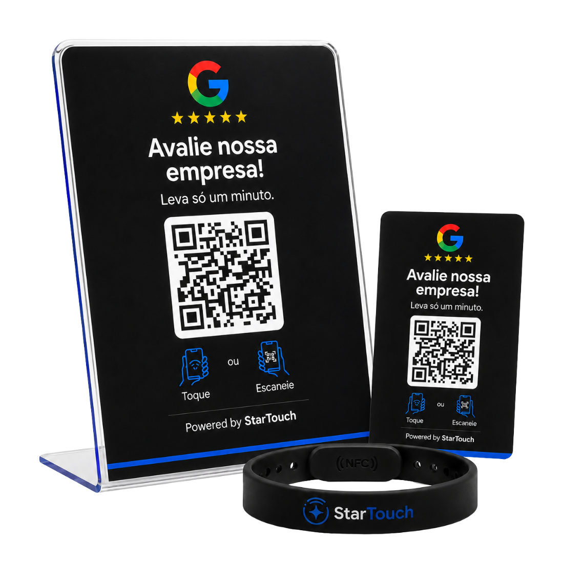 Modelos StarTouch: placa de balcao, plaquinha de mesa e pulseira NFC com QR Code para avaliar no Google