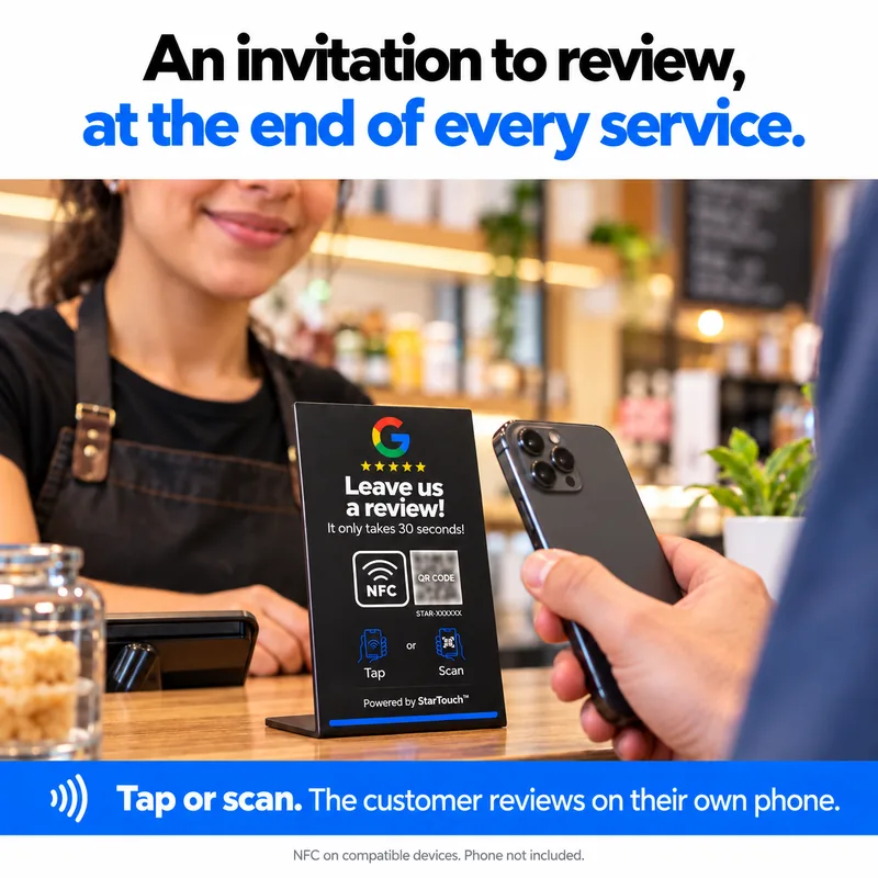 StarTouch NFC counter plaque in English at a café counter, with a customer tapping the phone