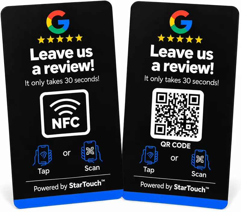 StarTouch NFC review cards in English, one with NFC and one with QR Code