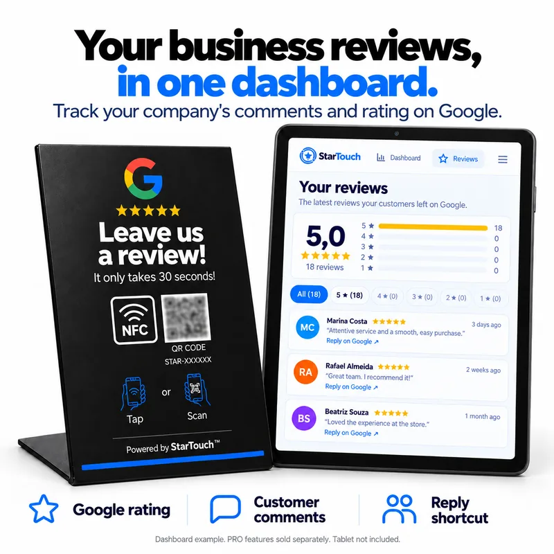 StarTouch counter plaque next to the dashboard showing the business's Google reviews