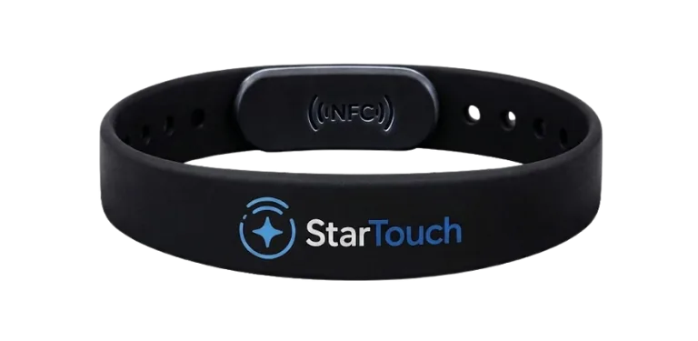 Pulseira NFC StarTouch — silicone preto com display da estrela StarTouch e ondas NFC