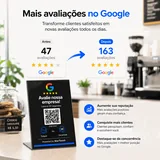 Comparativo ilustrativo de antes e depois no Google, de 47 para 163 avaliações, com a Placa de Balcão G no balcão