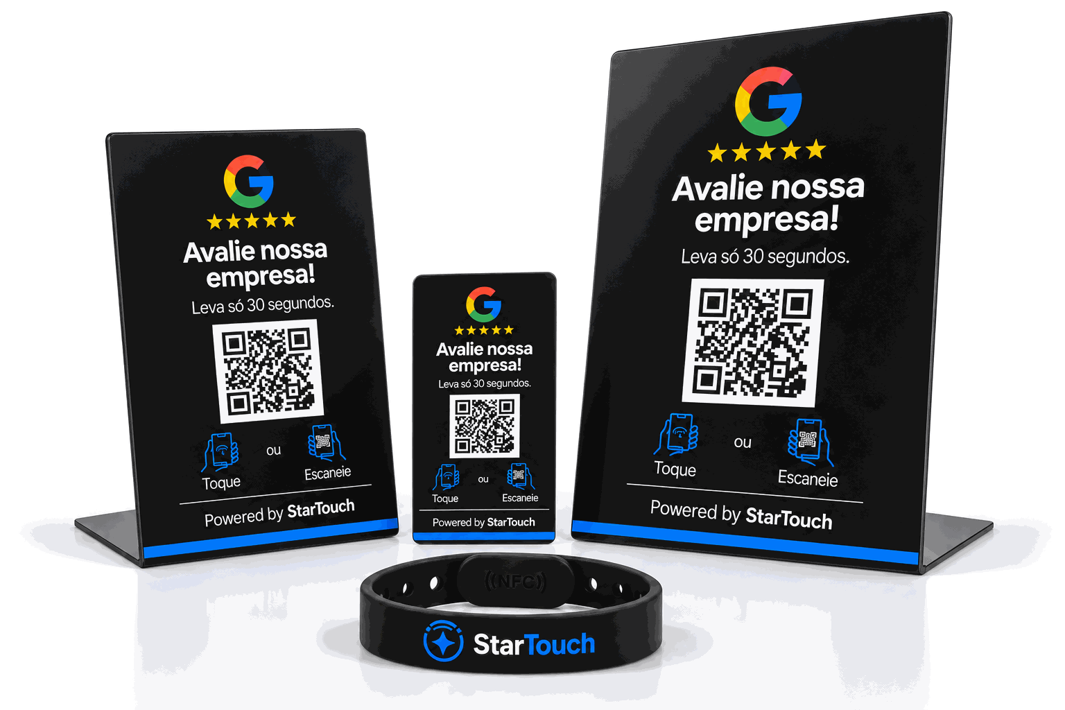 A linha StarTouch em PS preto: Placa de Balcão G, Placa de Balcão M, Cartão de Avaliação NFC e Pulseira NFC, todos com QR Code e chip NFC