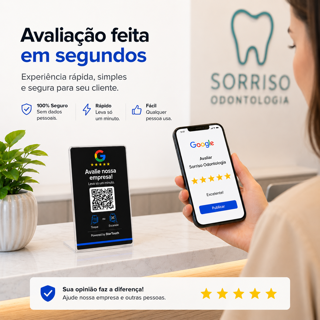 Cliente avaliando no Google com a Placa de Balcão M